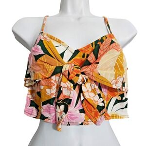 Aerie Floral Crop Top Women's Small Tropical Tie Front V-Neck Adjustable Straps